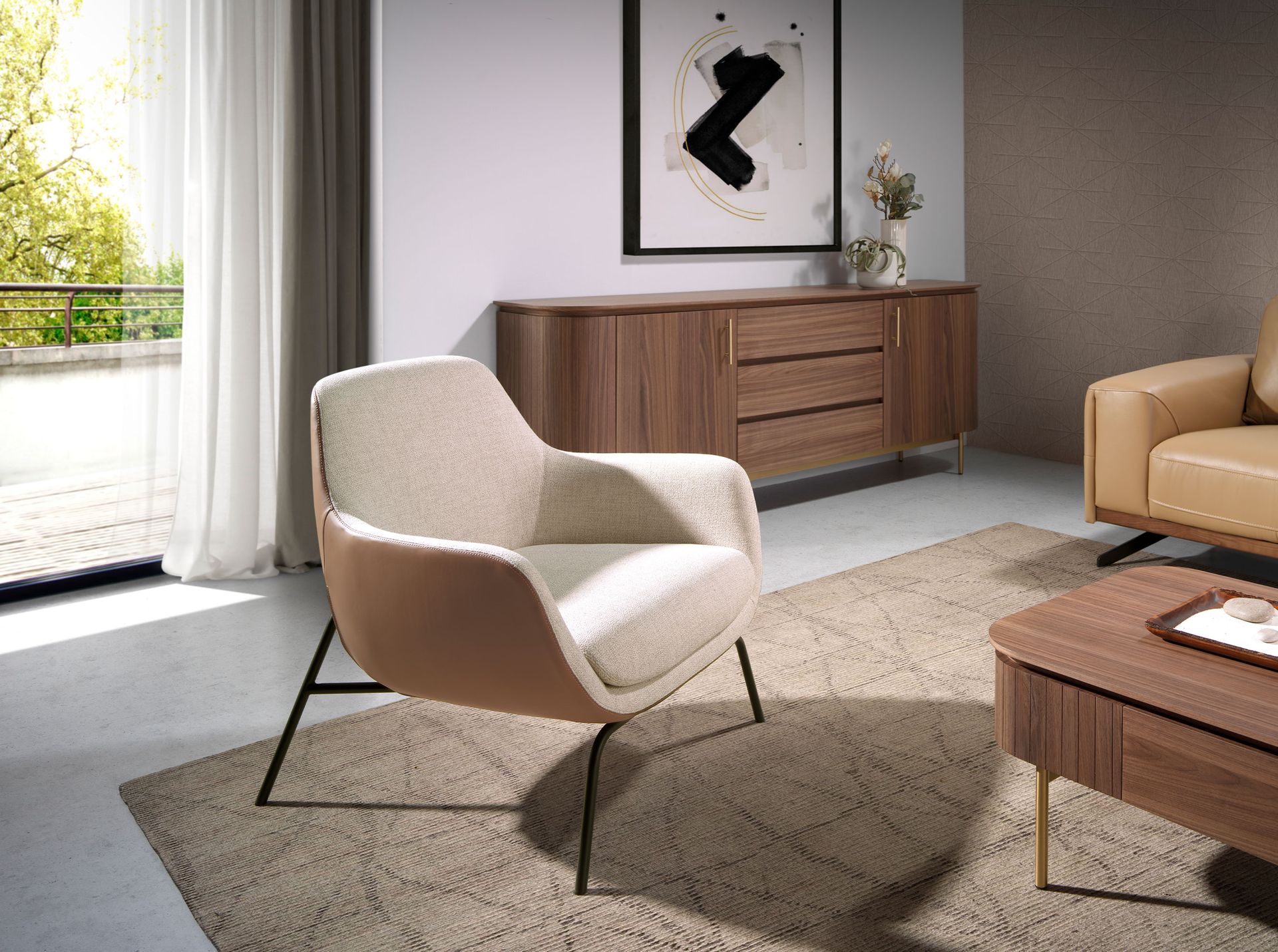 Cosy krémszínű szövet és barna műbőr fotel